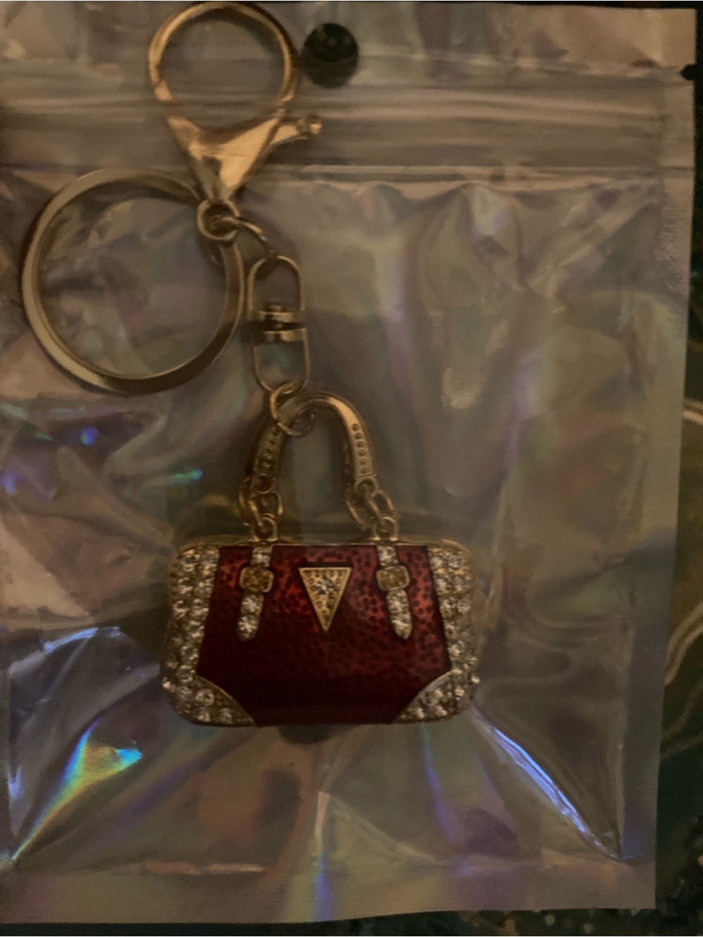 Source Unknown Red and Gold Rhinestone Purse Keychain